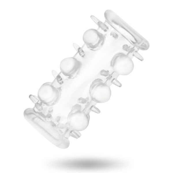 Läpinäkyvä Addicted Toys Penis Sleeve Clear -penisholkki, jossa on kohokuviointi