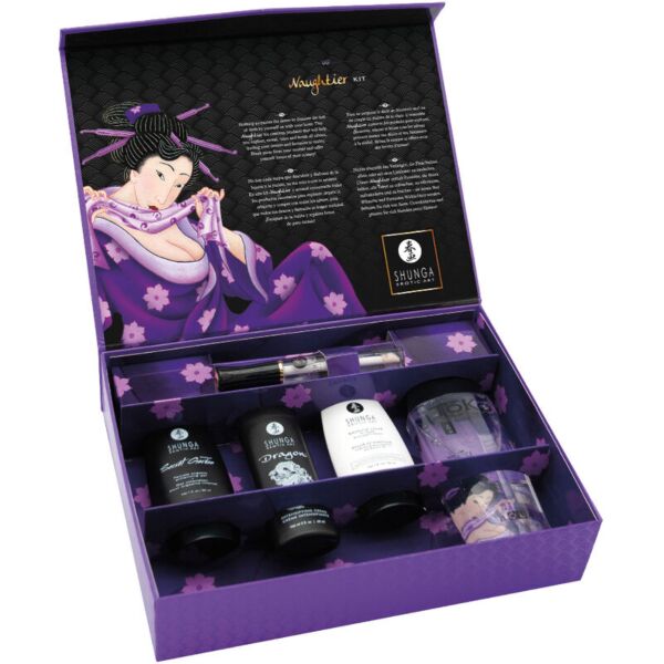 Shunga Naughtier Kit -intiimikosmetiikkasetin viisi tuotetta ja lahjakotelo