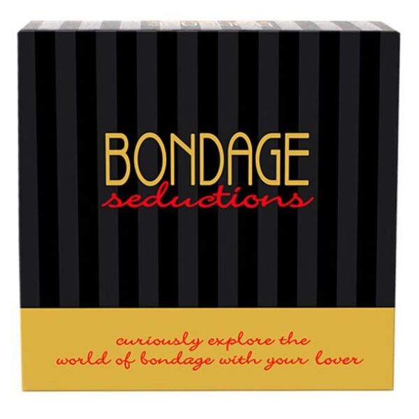 Kheper Gamesin Bondage Seductions -bondage-peli sekä sen kortit, köydet, nopat, silmäside ja ruoska