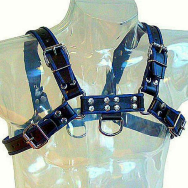 Siniset ja mustat Leather Body Chest Bulldog -valjaat miehille, hihnoilla ja metalliketjuilla