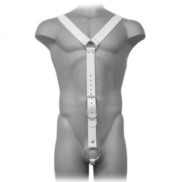 Valkoiset Leather Body -valjaat ja penisrengas