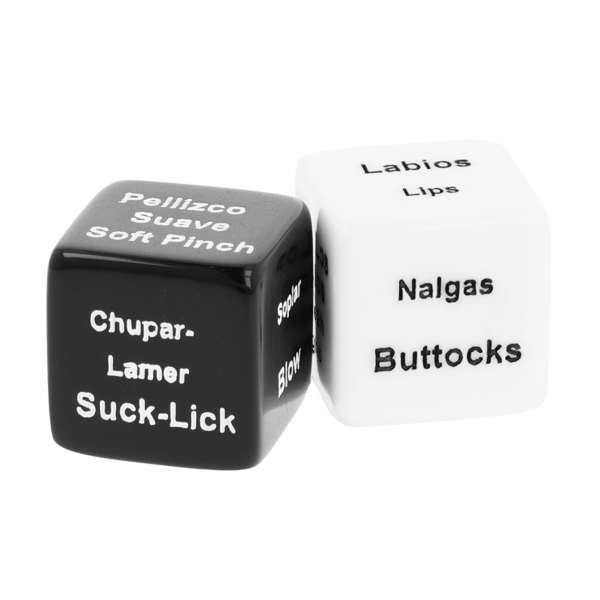 Black&Silver Dice for Couples -nopat pariskunnille: yksi musta ja yksi valkoinen noppa sekä satiinipussi