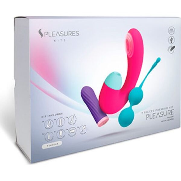 S Pleasures Pleasure Kit seksilelusetti, jossa luotivibraattori, kaksoisstimulaattori, Kegel-kuulat, liukuvoide, puhdistusaine, sulka ja silmälappu