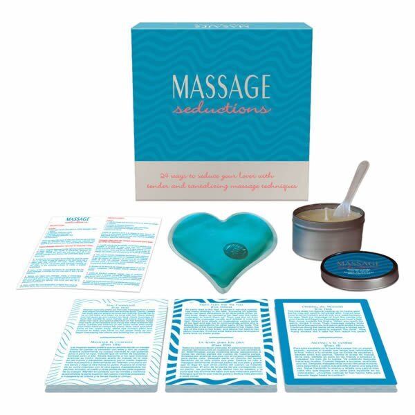 Kheper Games Massage Seductions -hierontapeli: kortit, hierontakynttilä, lusikka ja geelisydän