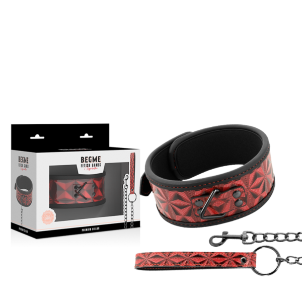 Begme Red Edition -BDSM-kaulapanta veganahkaa, metalliketju, kaularengas ja hihna