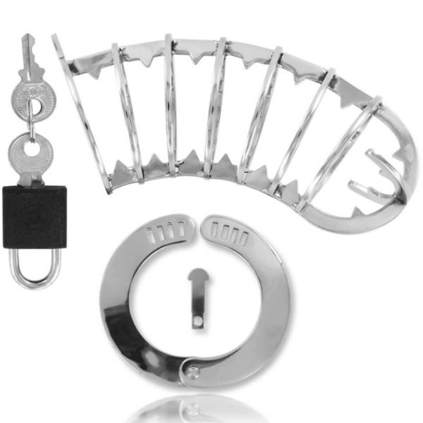 Seitsemästä renkaasta koostuva siveyshäkki Metal Hard 14 cm, kiinnitysrengas ja riippulukko