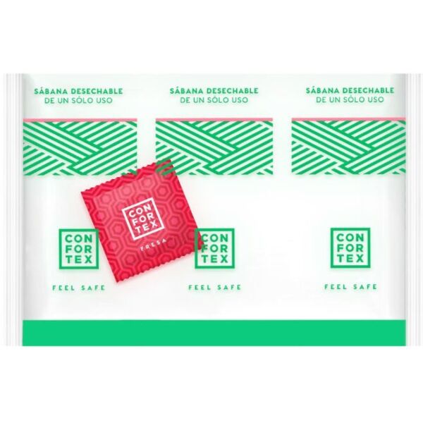 Valkoiset polypropeenista valmistetut Confortex-kertakäyttölakanat ja mukana tuleva kondomi