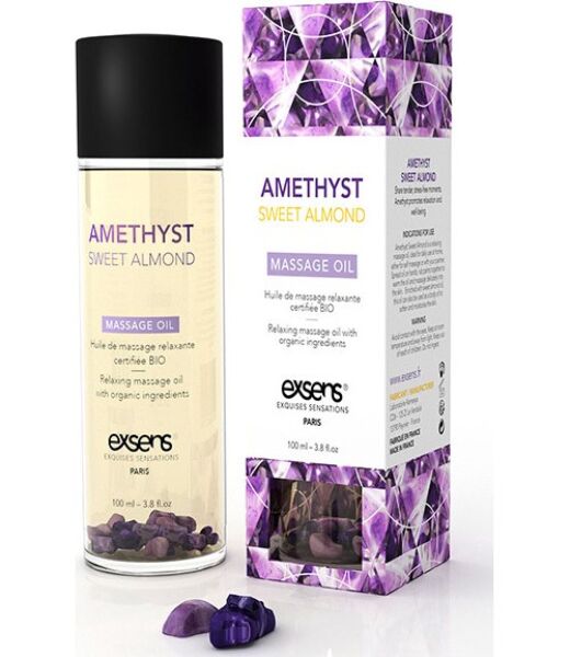 Exsens Relaxing Oil Amatista -hierontaöljy 100 ml:n pullossa, jonka sisällä on ametistikiviä