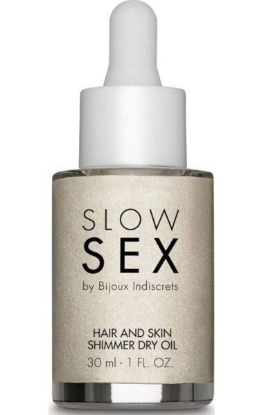 Bijoux Indiscrets Dry-touch Shimmer Oil -kuivaöljyn pullo ja pipetti