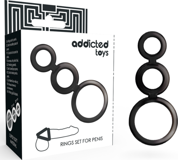Addicted Toys -penisrengassetti: kolme rengasta penikselle ja kiveksille