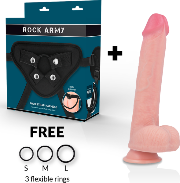 Realistinen Rock Army Kingcobra -dildo imukuppipohjalla valjaiden vieressä
