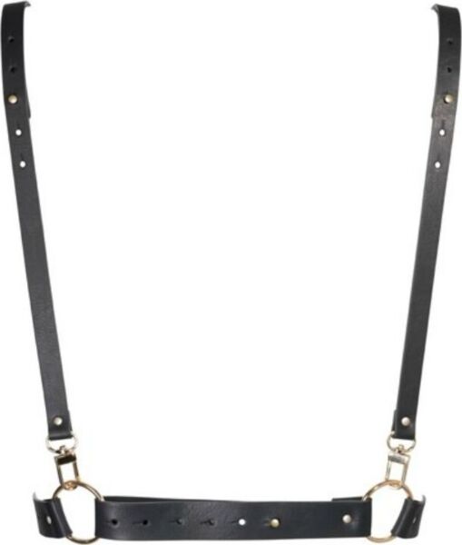 Bijoux Indiscrets Maze X Harness -vartalovaljaat mustana, rintakaista ja ristiin menevät olkaimet X-kuviolla