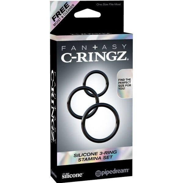 Kolme mustaa Pipedream Fantasy C-Ringz Stamina -rengasta penikselle ja kiveksille