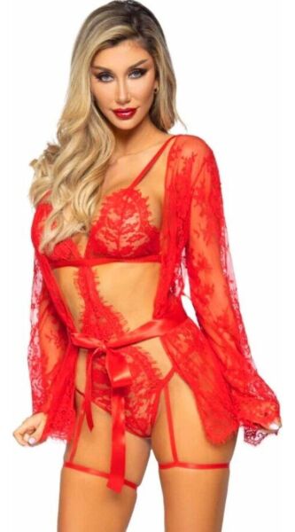 Leg Avenue All Romance 86123 punaisena, pitsibody sukkanauhoilla ja sointuva lyhyt aamutakki