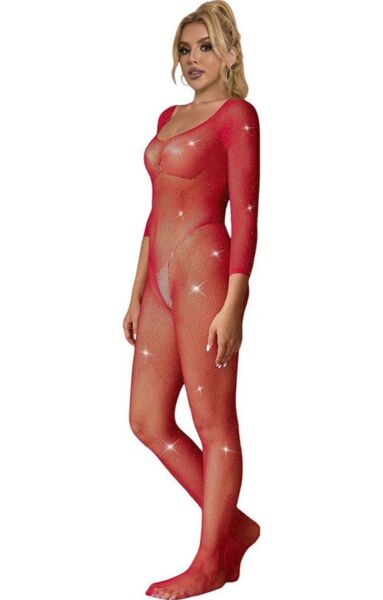 Subblime punainen verkkobodystocking timanttikuviolla ja pitkillä hihoilla