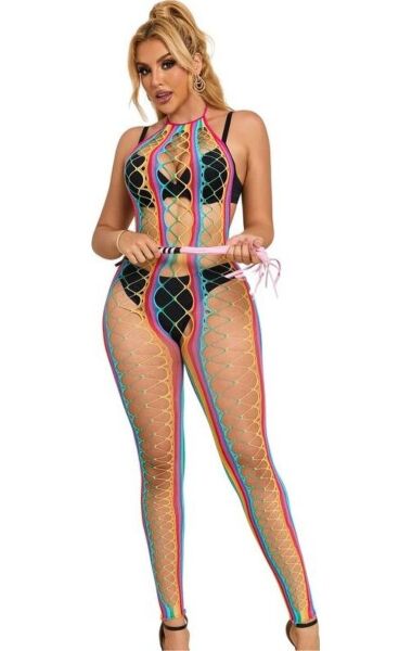 Subblime-verkkobodystocking sateenkaarikuviolla ja halterneck-kauluksella