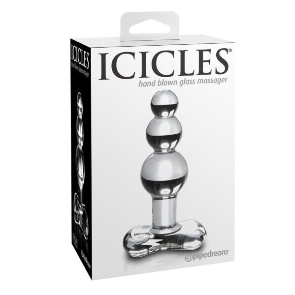 Pipedream Icicles N. 47 -lasinen anaalitappi, jossa on kaareva runko ja rengas pohjassa