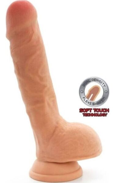 Realistinen dildo Toyjoy Get Real Dual Density ihonvärisenä, kiveksillä ja imukuppipohjalla