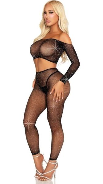 Leg Avenue Captivating Crush -asu mustana, lyhyt toppi ja leggingsit strassikoristeltua verkkoa