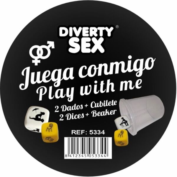 Eroottinen noppapeli Diablo Picante Juega conmigo, kaksi noppaa ja läpinäkyvä muki
