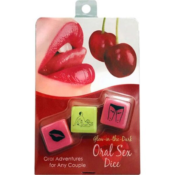Kolme Kheper Glow-in-the-Dark Oral Sex Dice -seksinoppaa, kaksi pinkkiä ja yksi vihreä