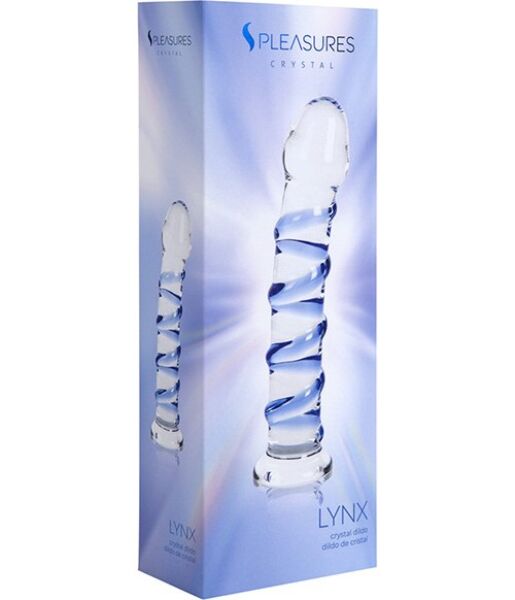 S Pleasures Crystal Lynx -dildo, läpinäkyvä sinisin yksityiskohdin ja spiraalimaisin kohoumin