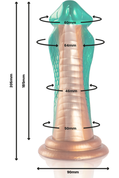 Epic Python Cobra Green -dildo, jossa näkyvät tupsu, tupsun alapuolinen paksunnos ja pohja
