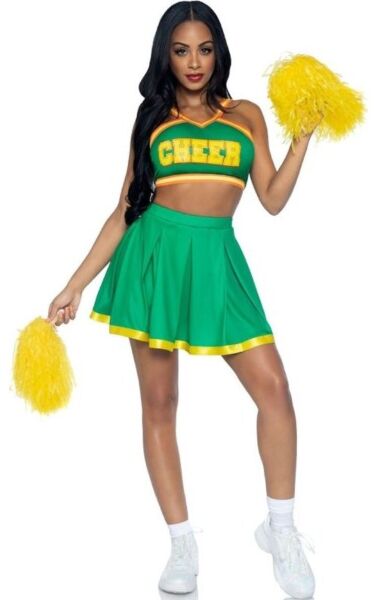 Vihreä Leg Avenue Bring It Baddie -cheerleader-asu, jossa on lyhyt toppi, laskoshame ja keltaiset pompomit