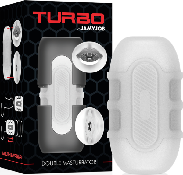 Jamyjob Turbo -tuplamasturbaattori, jossa on suu- ja vaginamuotoiset aukot