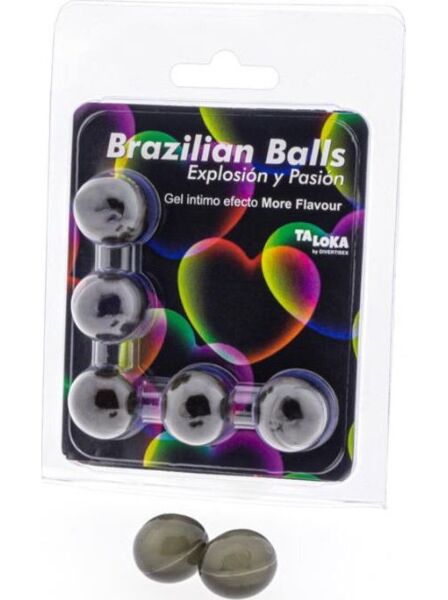 Pakkaus, jossa on 5 Brazilian Balls More Flavour -öljykuulaa ja kiihottavaa geeliä