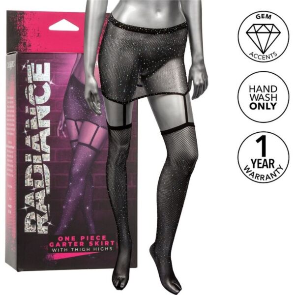 CalExotics Radiance Garter One-Piece sukat sukkanauhoilla, minihame sekä kiinnitetyt sukkanauhat ja reisisukat yhtenä kappaleena