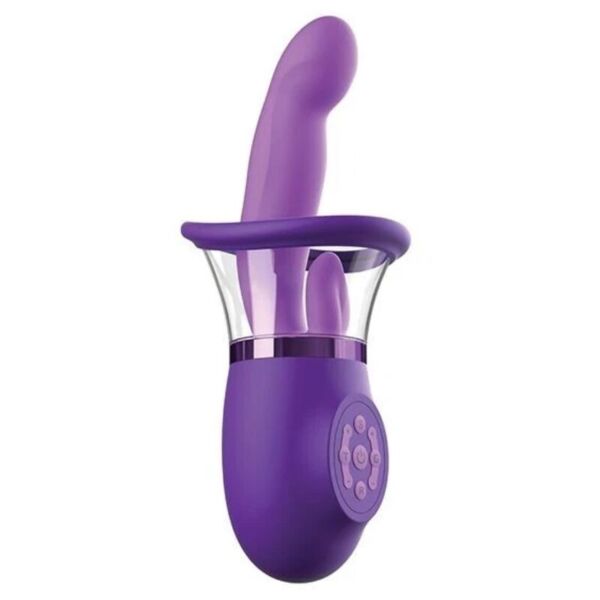 Violetti Pipedream Ultimate Pleasure Pro Plus, jossa on kaareva varsi ja kieli klitoriksen stimulointiin
