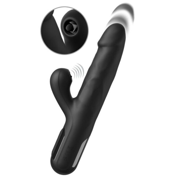 Musta Pipedream Sonix Silicone Thruster rabbit-vibraattori, jossa on kuvioitu runko ja klitoriksen stimulaattori läppineen
