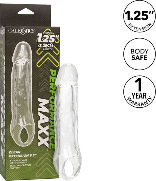 Läpinäkyvä CalExotics Performance Maxx Clear Extension 5,5 -penisholkki ja sen kivespussin ympäri kulkeva kiinnityshihna
