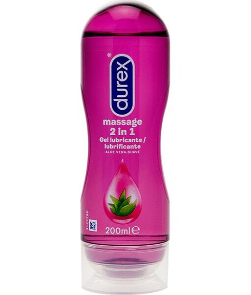200 ml:n pullo Durex Play Massage 2 en 1 Aloe Vera -geeliä ja pullon hierontapää