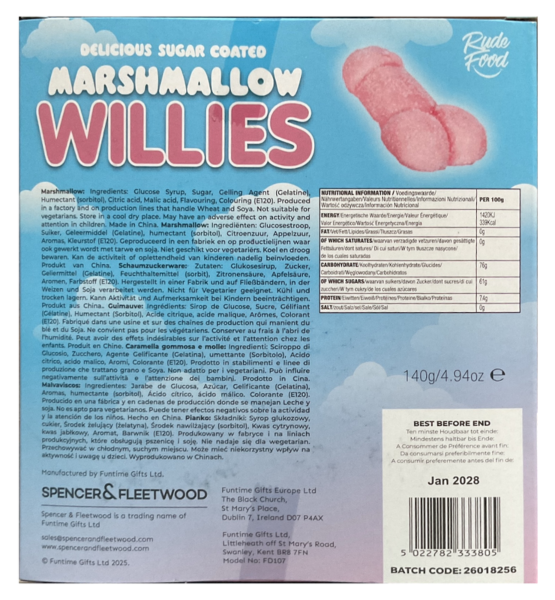 Pakkaus vaaleanpunaisia, peniksen muotoisia Spencer & Fleetwood Marshmallow Willies -vaahtokarkkeja