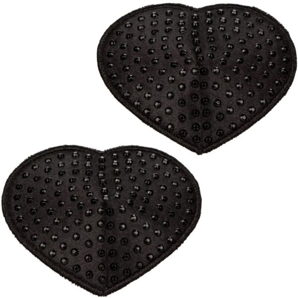 CalExotics Radiance Pasties Heart -nännipeitteet, kaksi mustaa sydäntä koristekivillä