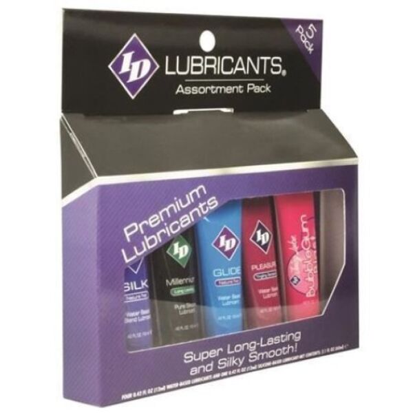 Pakkaus, jossa on viisi 12 ml:n ID Juicy Lube -maustettua liukuvoidetta