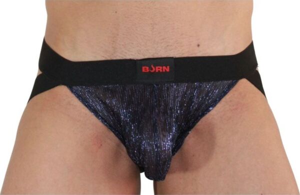 Sininen ja musta Burn 006 -jockstrap, jossa on läpinäkyviä osia ja kiiltäviä yksityiskohtia