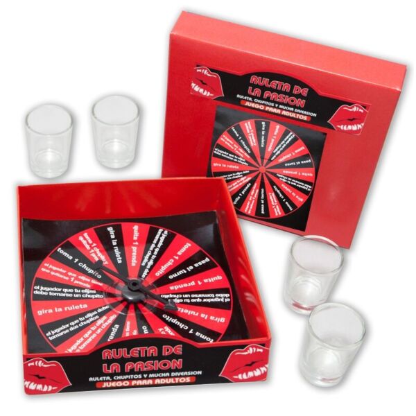Diablo Picante Ruleta de la Pasión -juomapeli, ruletti ja 4 shottilasia