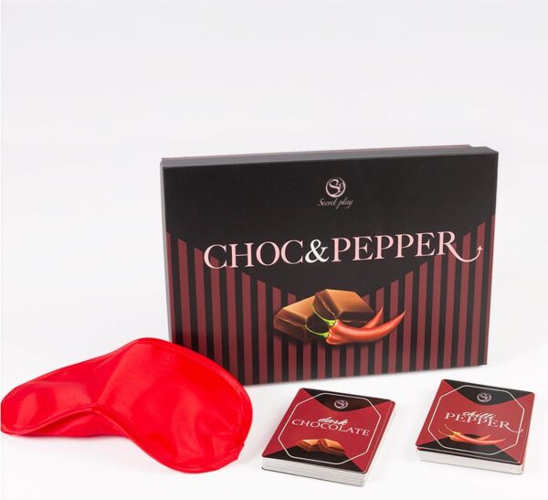 Secret Play Choc & Pepper -korttipeli, suklaa- ja chilikortit sekä silmäside