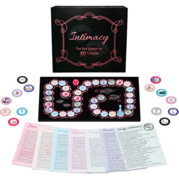 Kheper Games Intimacy -eroottinen lautapeli, pelilauta, noppa, pelinappulat ja palkintokolikot