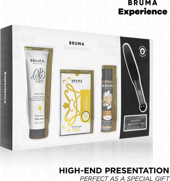 Eroottinen setti Bruma Xperience Sweet Temptation, jossa nestemäinen vibraattori, liukuvoide, öljy, sulka ja silmäside