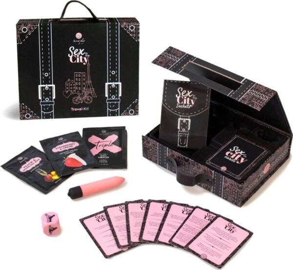 Secret Play Sex in the City -matkasetti: kortit, luotivibraattori, kamasutra-noppa ja annospussit