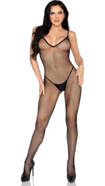 Bodystocking Leg Avenue 89375 mustaa verkkokangasta, virkkausmaisella viimeistelyllä ja haaroissa olevalla aukolla