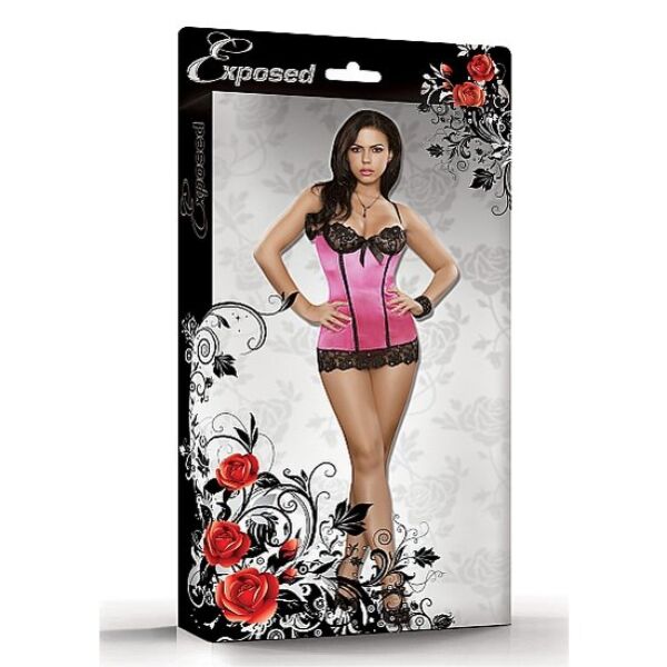Pinkki Exposed Sequin Lace Chemise -yöpaita koossa S/M, minimekko mustalla rintaliiviosalla ja pinkillä rusetilla
