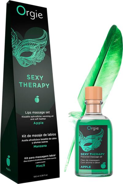 Suudeltava hierontasetti Orgie Lips Massage, jossa on 100 ml öljyä, sulka ja hierontaopas