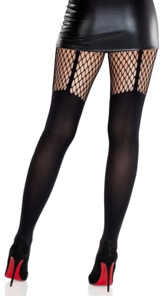 Mustat Leg Avenue Jett Garter Illusion -sukkahousut, peittävät ja reidessä sukkanauhaa jäljittelevä verkko