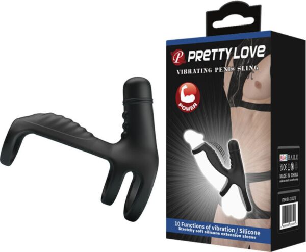 Musta joustava Pretty Love Vibrating Penis Sling -suojus, jossa on rengaskanta ja kohoumia