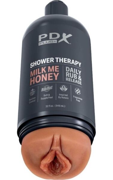 Masturbaattori PDX Plus Shower Therapy Milk Me Honey shampoopullon muotoisena